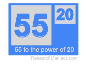 55 to the power of 20
