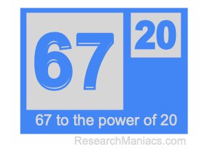67 to the power of 20